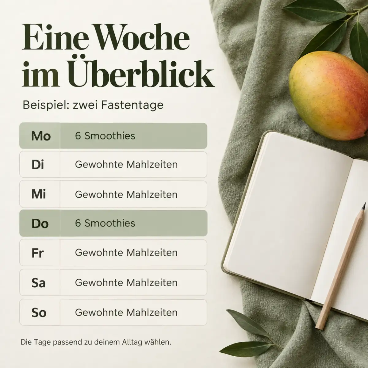 Beispielwoche mit je sechs Smoothies am Montag und Donnerstag Beispielwoche mit je sechs Smoothies am Montag und Donnerstag