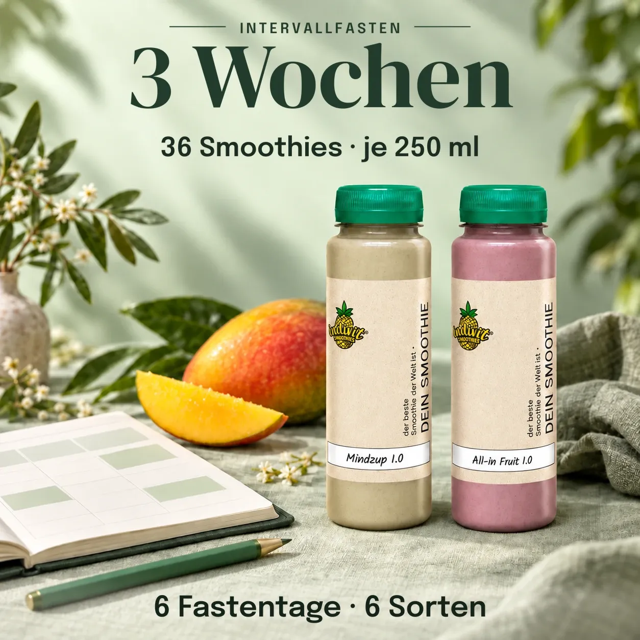 3 Wochen Intervallfasten: 6 Fastentage mit 36 Smoothies à 250 ml
