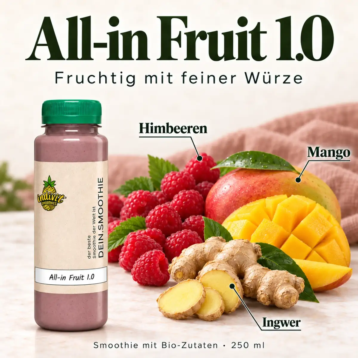 All-in Fruit 1.0, 250 ml, mit ausgewählten Zutaten Himbeeren, Mango und Ingwer All-in Fruit 1.0, 250 ml, mit ausgewählten Zutaten Himbeeren, Mango und Ingwer