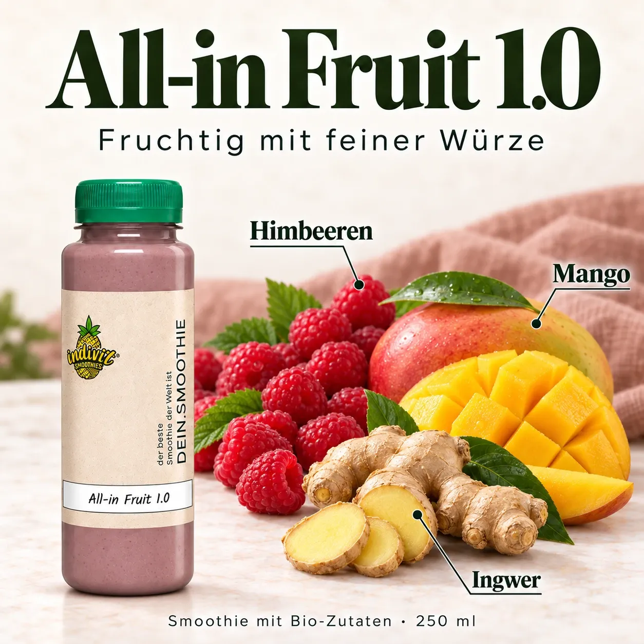 All-in Fruit 1.0, 250 ml, mit ausgewählten Zutaten Himbeeren, Mango und Ingwer