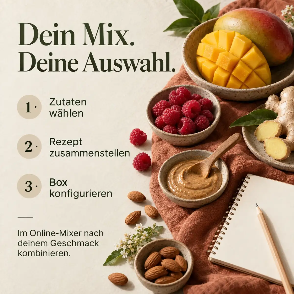 Im Online-Mixer Zutaten wählen, ein Rezept zusammenstellen und eine Box konfigurieren