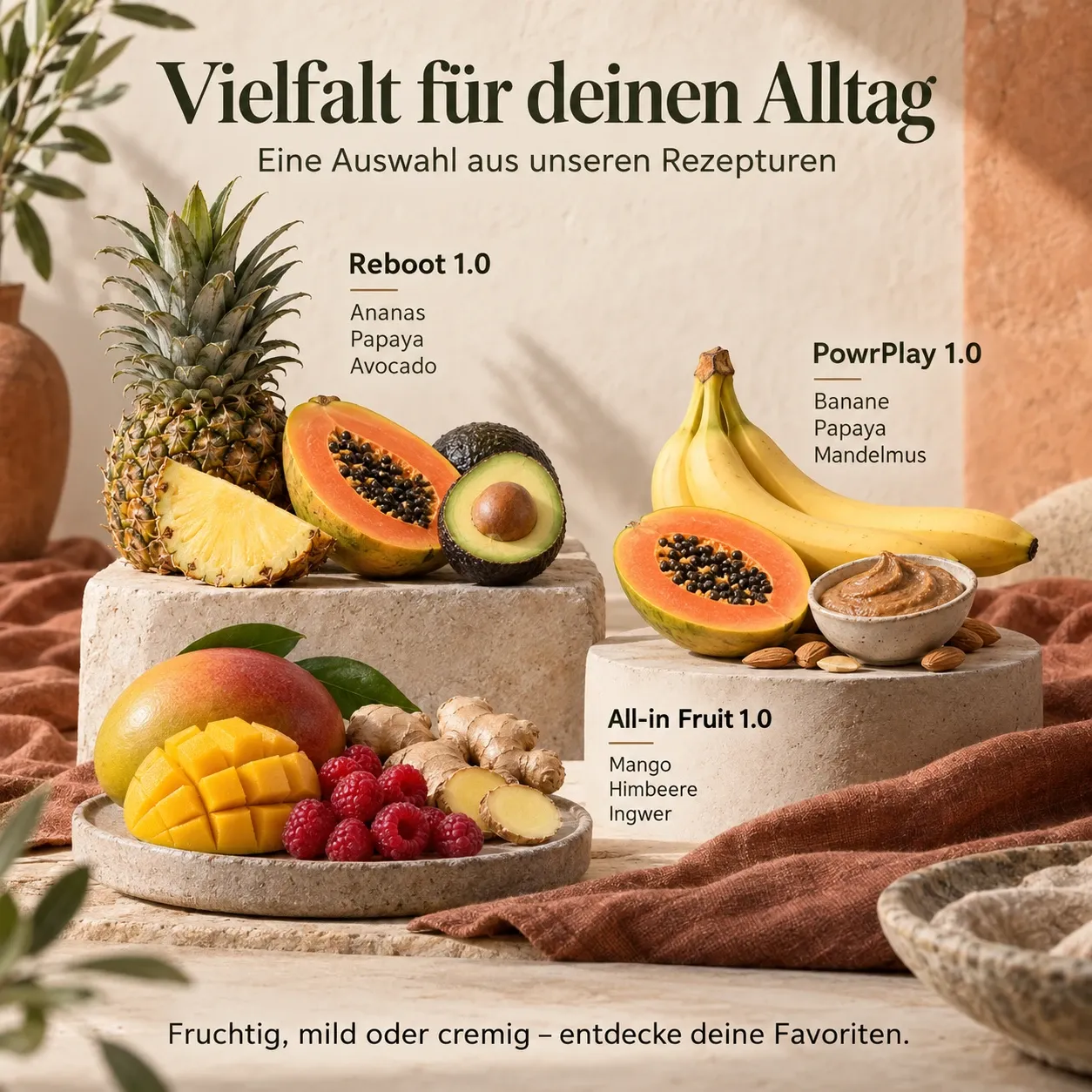 Drei Beispiele aus 14 Sorten: Reboot 1.0, PowrPlay 1.0 und All-in Fruit 1.0
