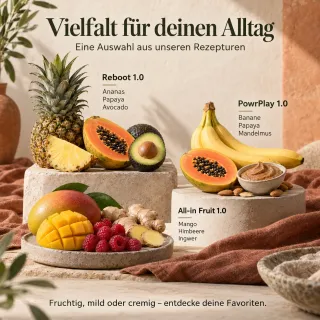 Drei Beispiele aus 14 Sorten: Reboot 1.0, PowrPlay 1.0 und All-in Fruit 1.0