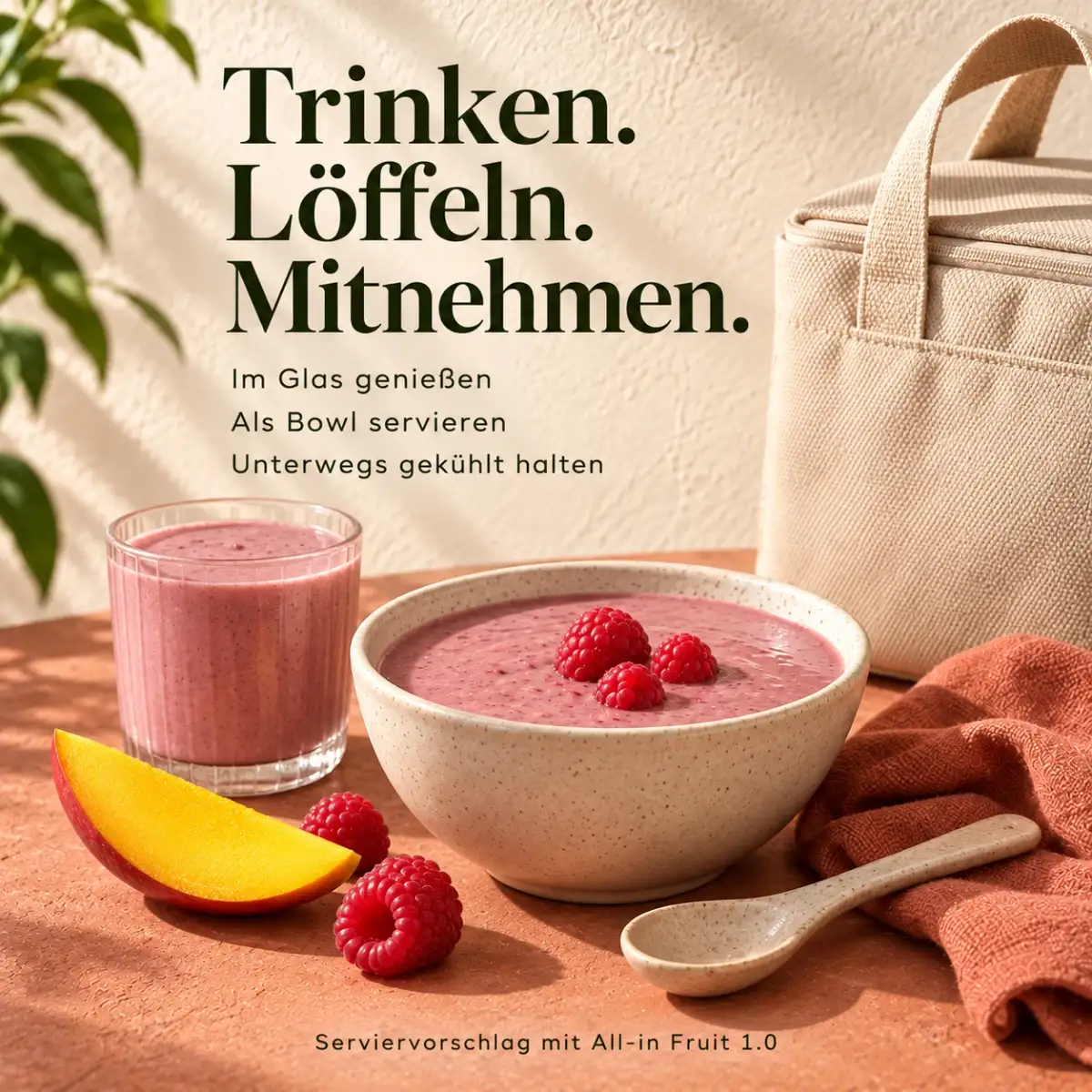 All-in Fruit 1.0 als Serviervorschlag im Glas und in der Bowl; unterwegs gekühlt halten