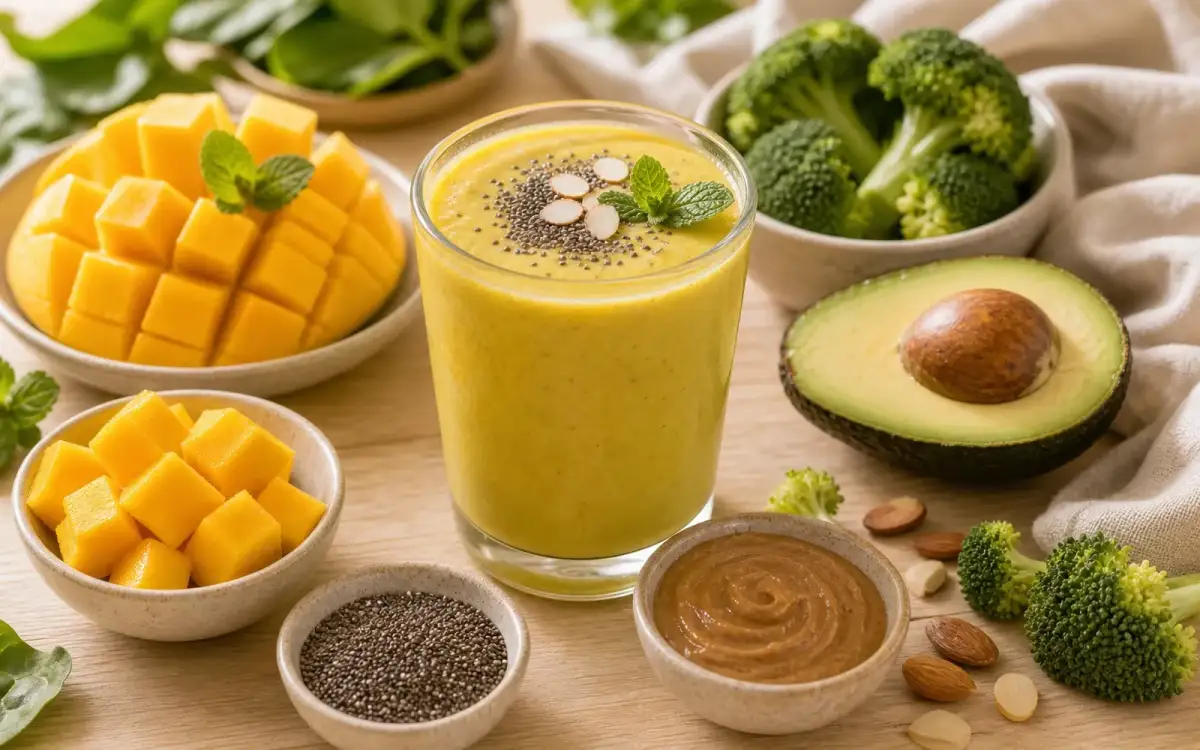 Zutatenstillleben mit Mango, Haferflocken und Mandelmus Smoothie- und Zutatenbild zu Zutatenstillleben mit Mango, Haferflocken und Mandelmus
