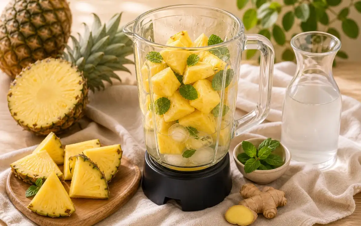 Hochleistungsmixer mit gelbem Smoothie in Aktion Smoothie- und Zutatenbild zu Hochleistungsmixer mit gelbem Smoothie in Aktion