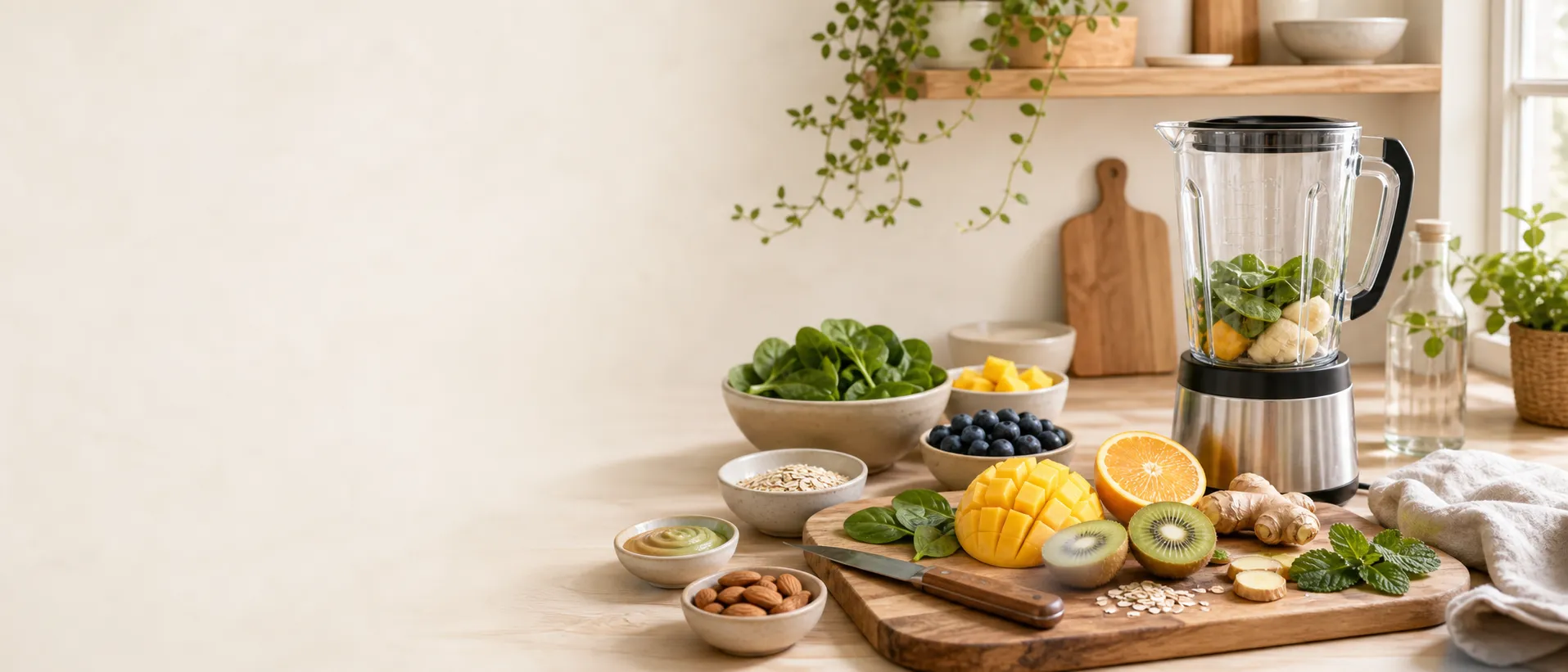 Frische Smoothie-Zutaten werden in einer hellen Küche vorbereitet