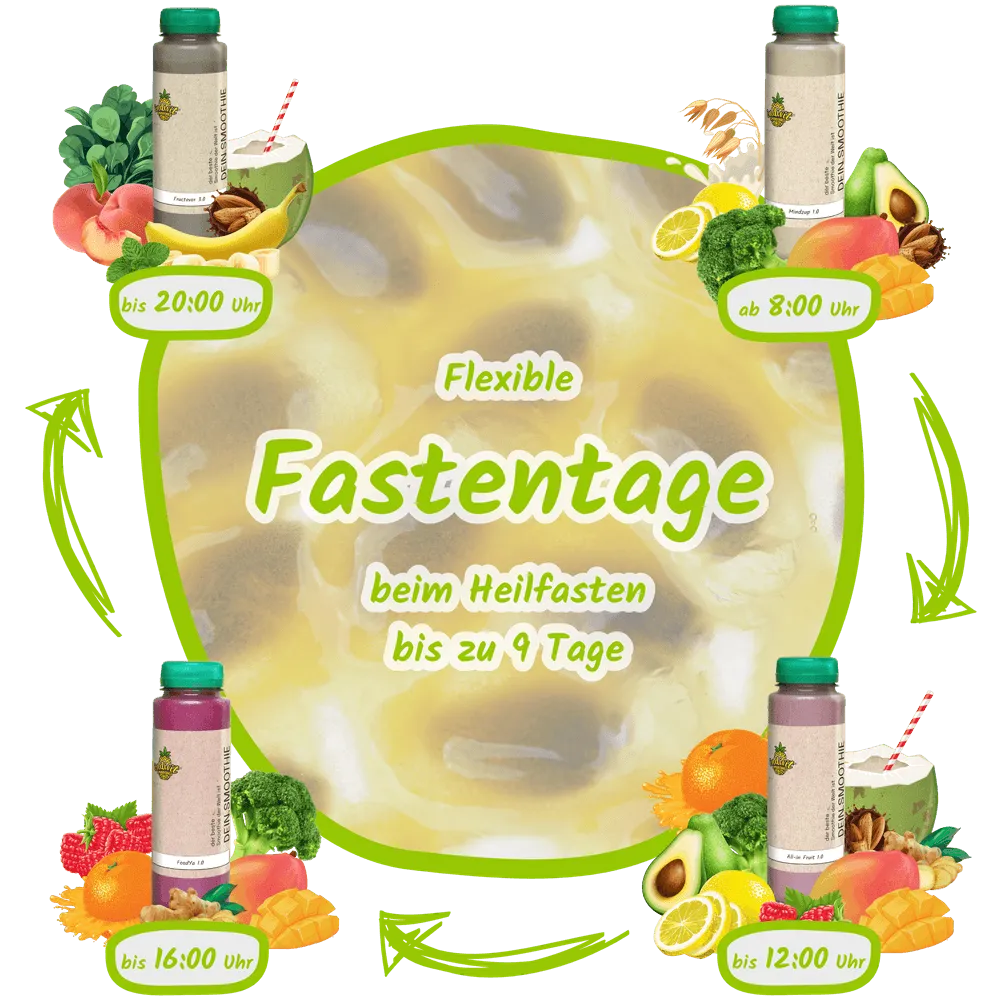 Smoothie Fastenkur Box mit zeitlichem Ablauf für einen Fastentag bei neun Fastentagen