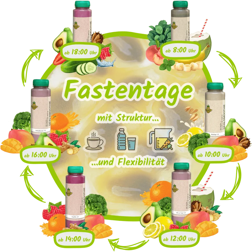 Smoothie Fastenkur Box mit zeitlichem Ablauf für einen Fastentag