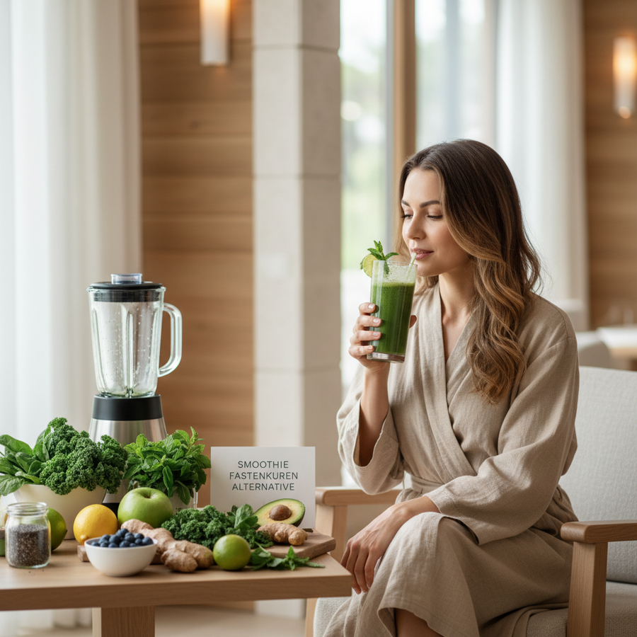 Ruhige Fastenkur-Szene mit grünem Smoothie und frischen Zutaten