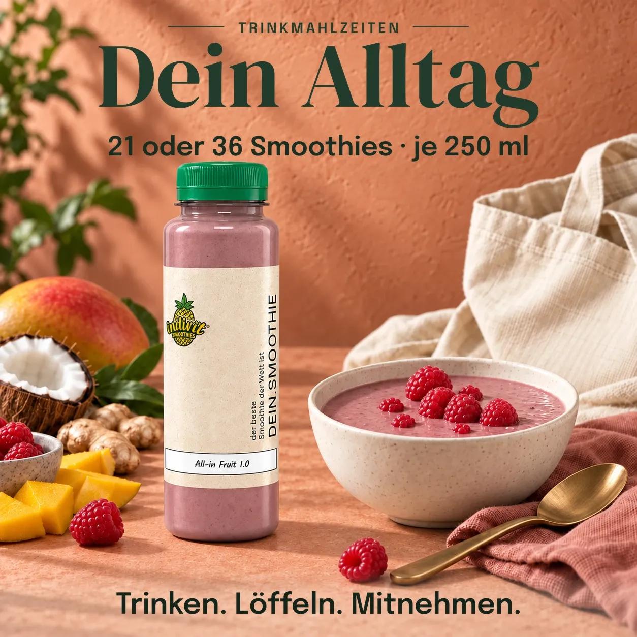 Trinkmahlzeiten mit 21 oder 36 Smoothies à 250 ml und Serviervorschlag