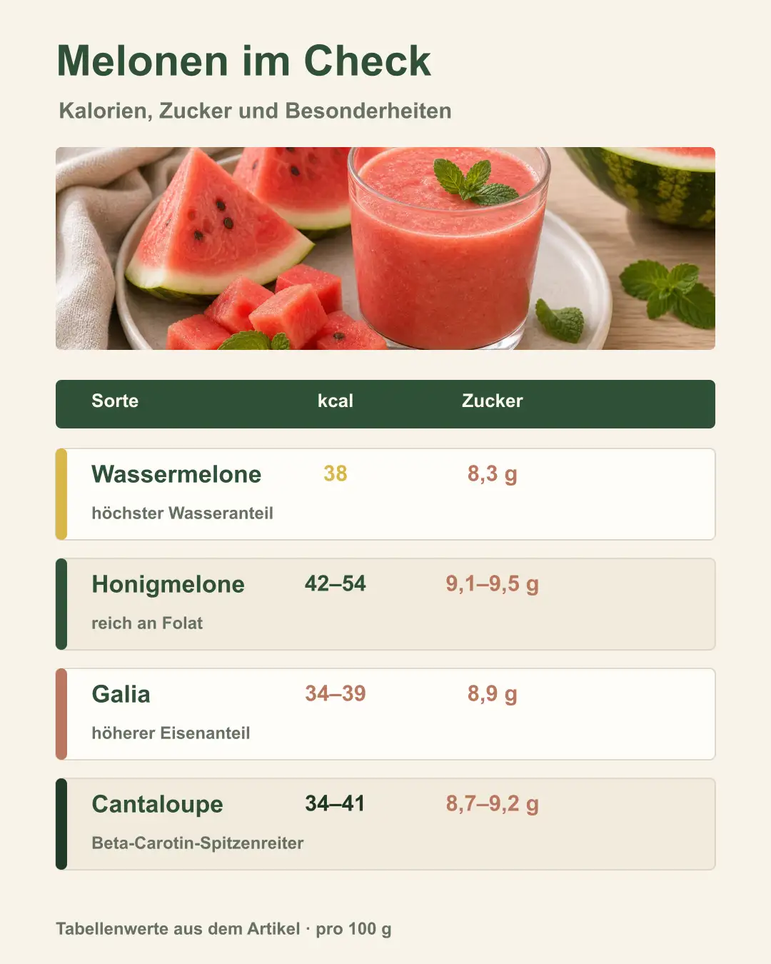 Wassermelone, Honigmelone, Cantaloupe und Galiamelone nebeneinander