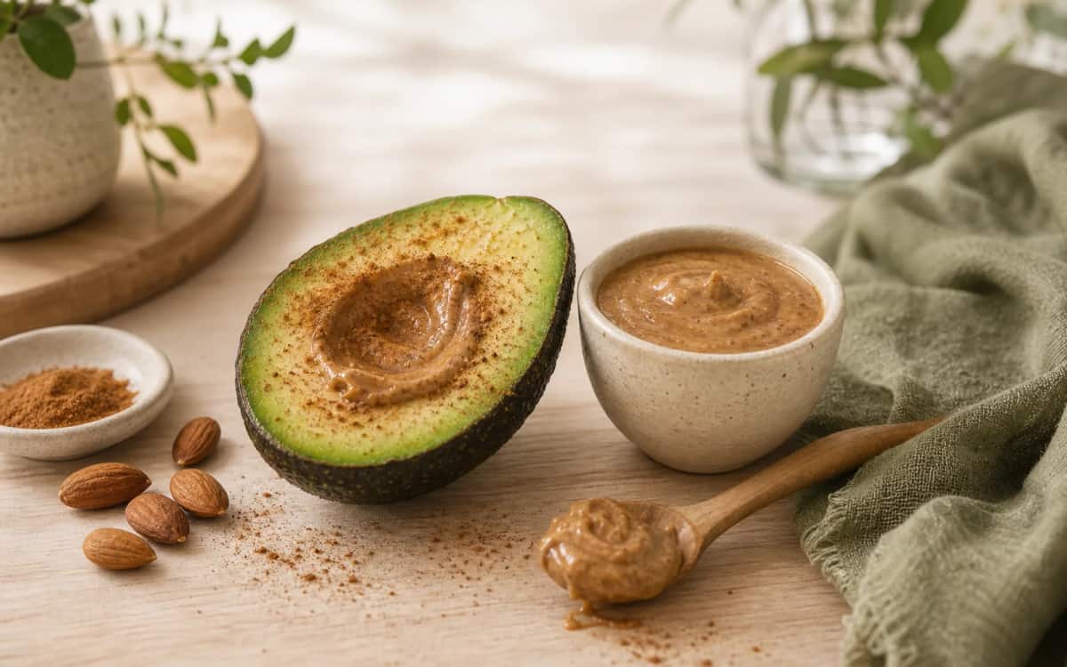 Hochwertige Fette für bessere Konzentration Avocadohälfte mit Mandelmus und Zimt bestäubt
