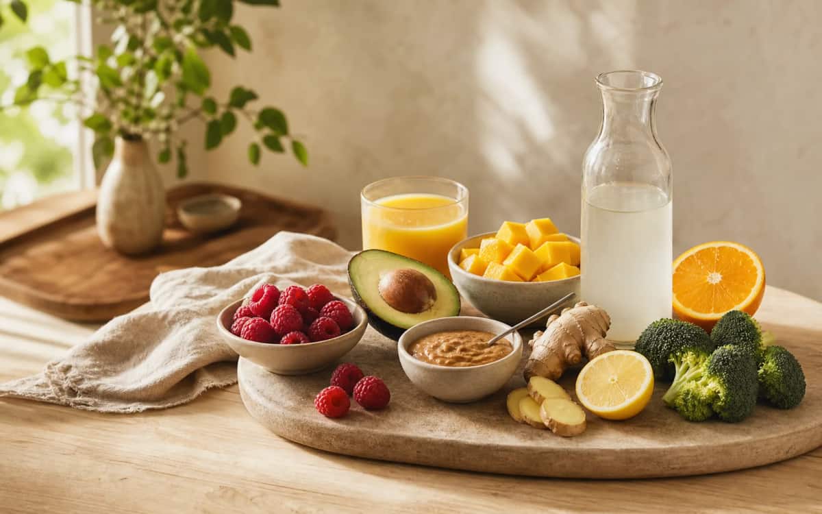 Übersicht der frischen Bio-Zutaten auf einem Holztisch Zutatenarrangement mit Avocado, Himbeeren und Mandelmus