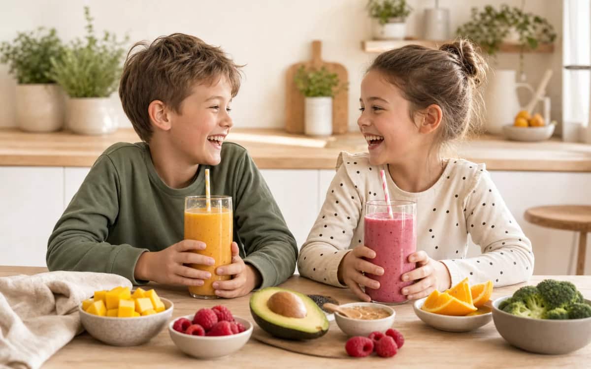 Spaß beim gesunden Naschen Zwei Kinder lachen und trinken gemeinsam bunte Smoothies