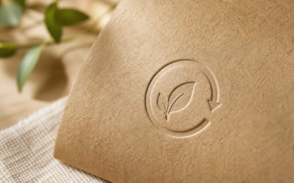 Bio-Qualität, die überzeugt Geprägtes Blattsymbol auf nachhaltiger Kraftpapier-Verpackung