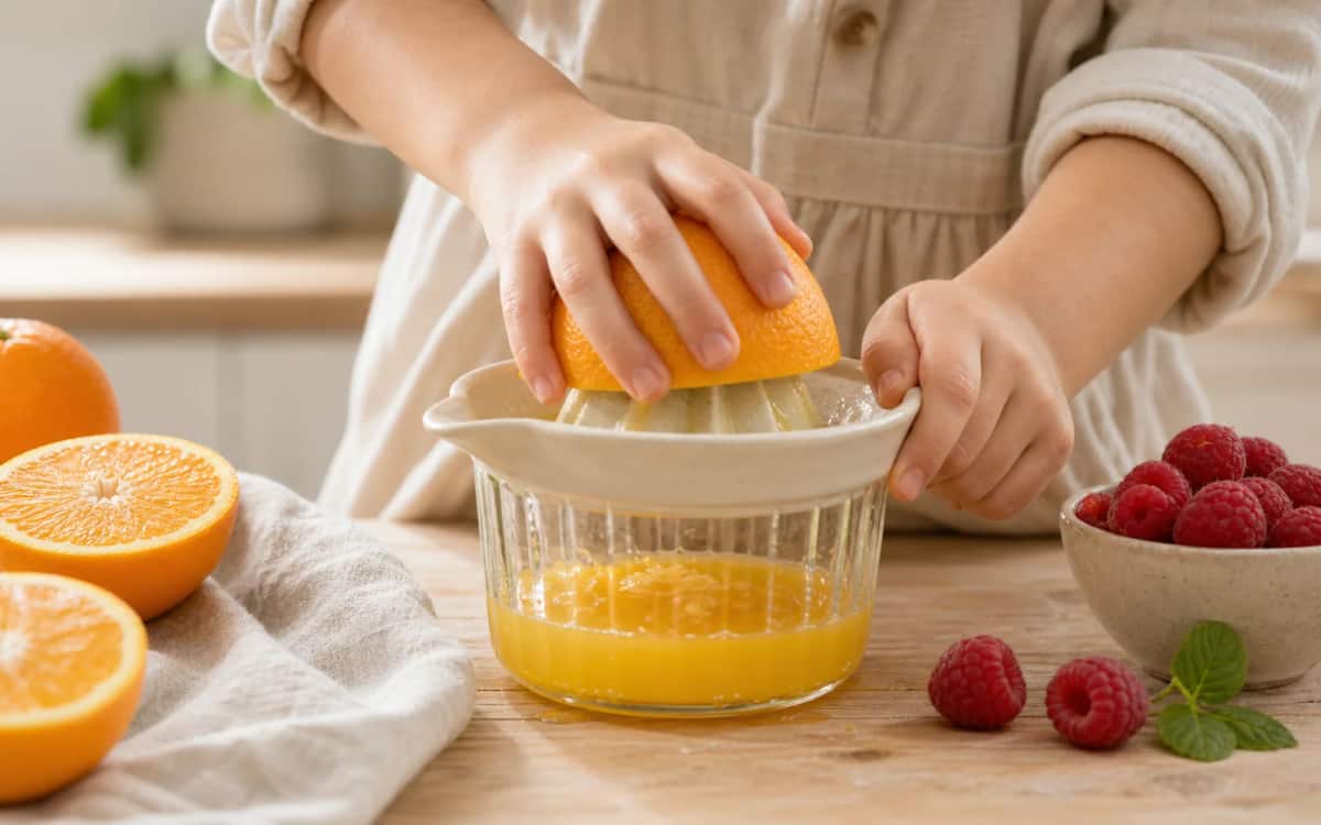 Kinderleicht selbst gemacht Kinderhände beim Auspressen einer Orange über Glas