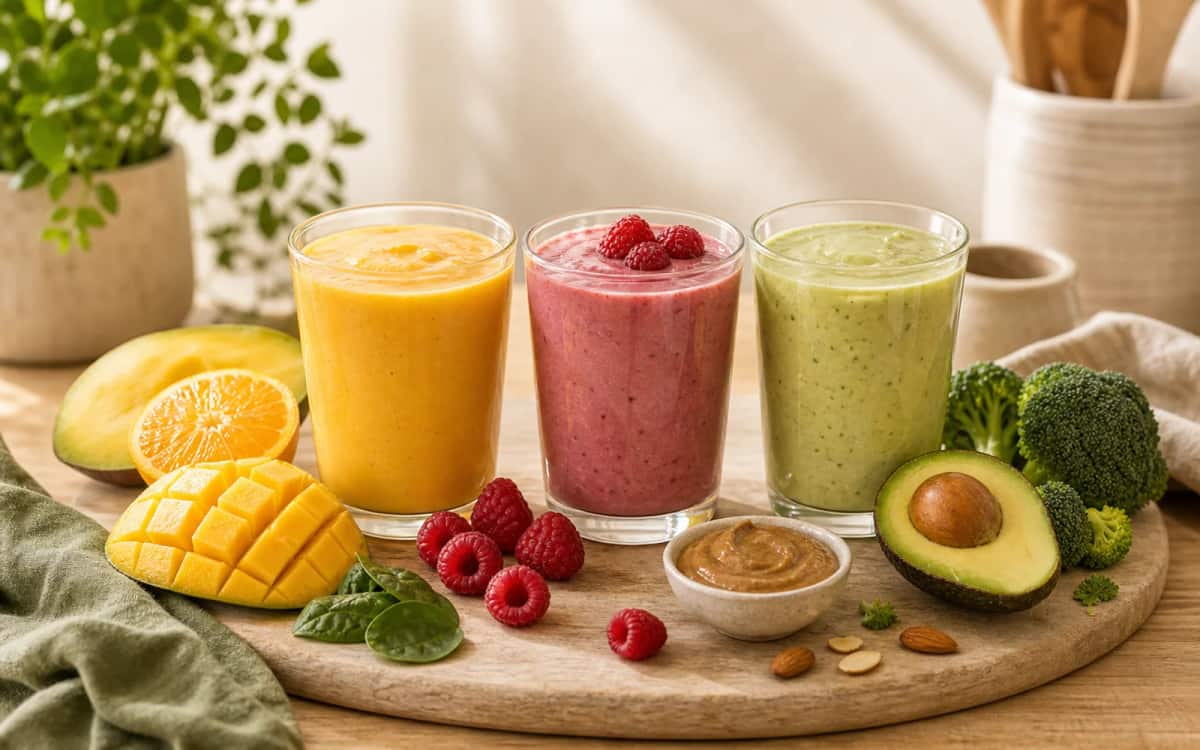 Kreative Variationen leicht gemacht Drei Smoothie-Varianten in bunten Gläsern auf Holzbrett