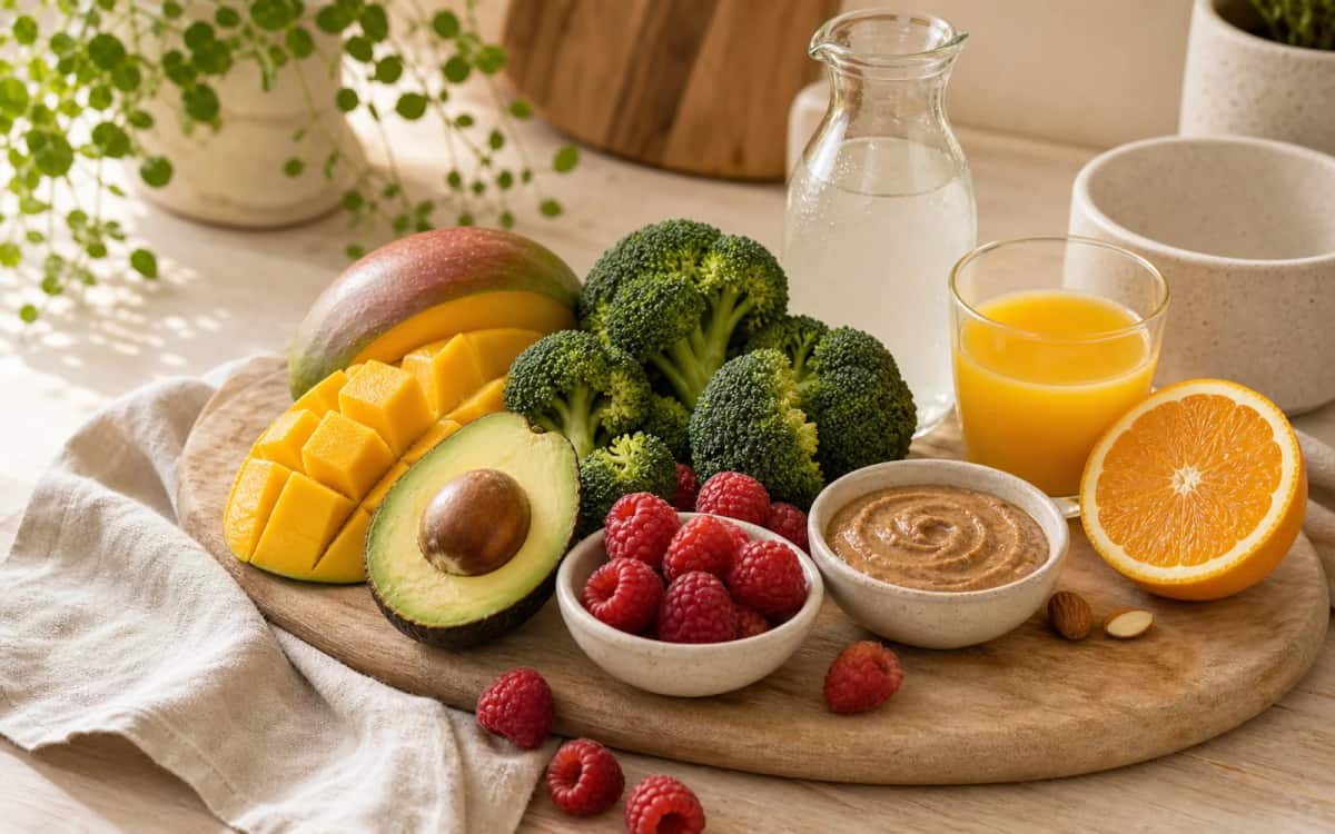 Zutatenvielfalt auf einen Blick Mango, Avocado, Himbeeren und Brokkoli auf rustikalem Holzbrett