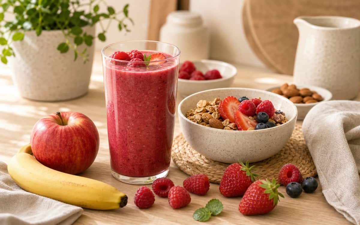 Perfekter Start in den Tag mit einem Beerensmoothie Gesundes Frühstück mit Smoothie, Granola und Obst