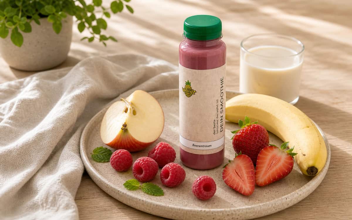 Beerentraum Produktflasche mit den frischen Zutaten Indivit Beerentraum Flasche mit Beeren, Apfel und Banane auf Keramikteller