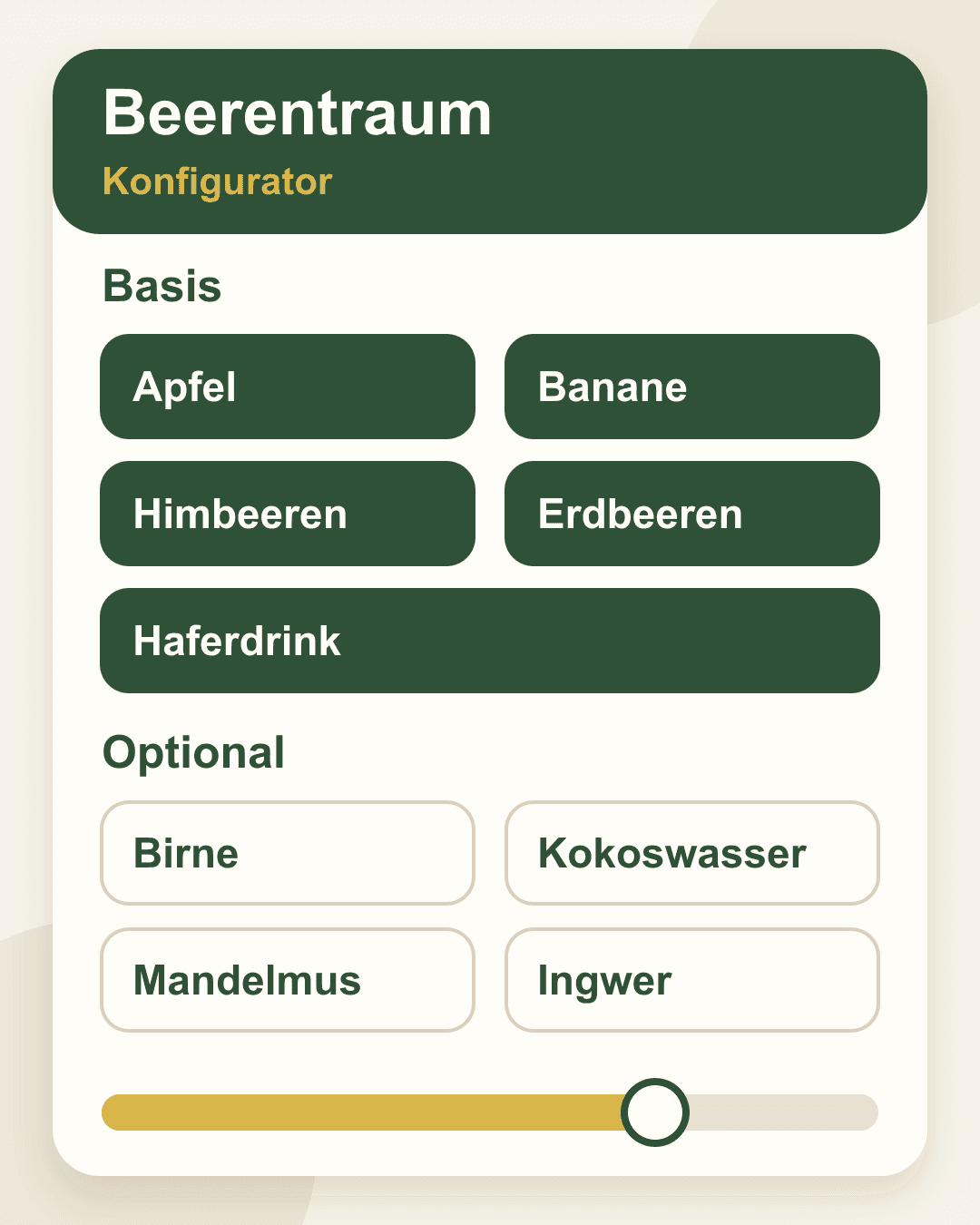 Smoothie online konfigurieren: Zutaten flexibel anpassen Konfigurator-Ansicht mit Anpassungsoptionen