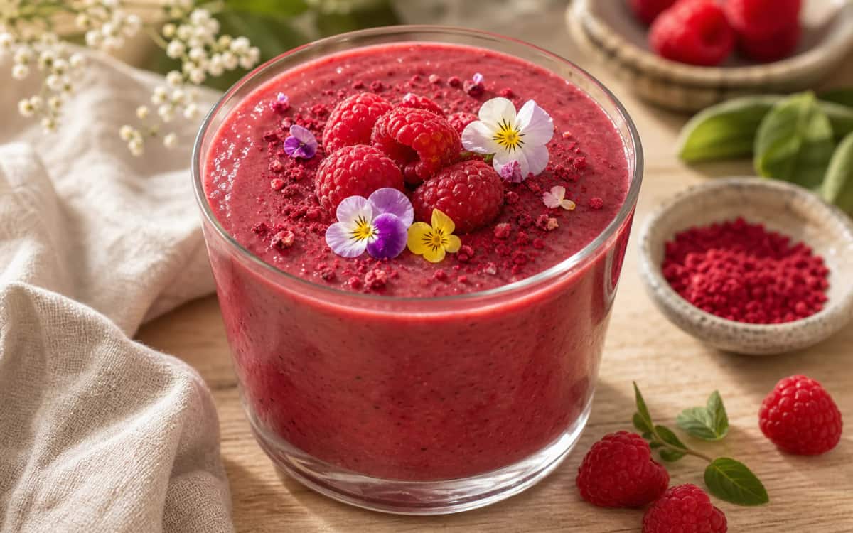 Kreative Smoothie-Dekoration mit gefriergetrockneten Früchten Roter Smoothie mit dekorativer Garnitur aus Himbeeren und essbaren Blüten