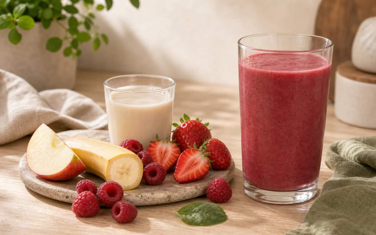 Vom Obst zur Farbe: Zutaten neben dem fertigen Drink Zutaten und fertiger Smoothie im direkten Vergleich