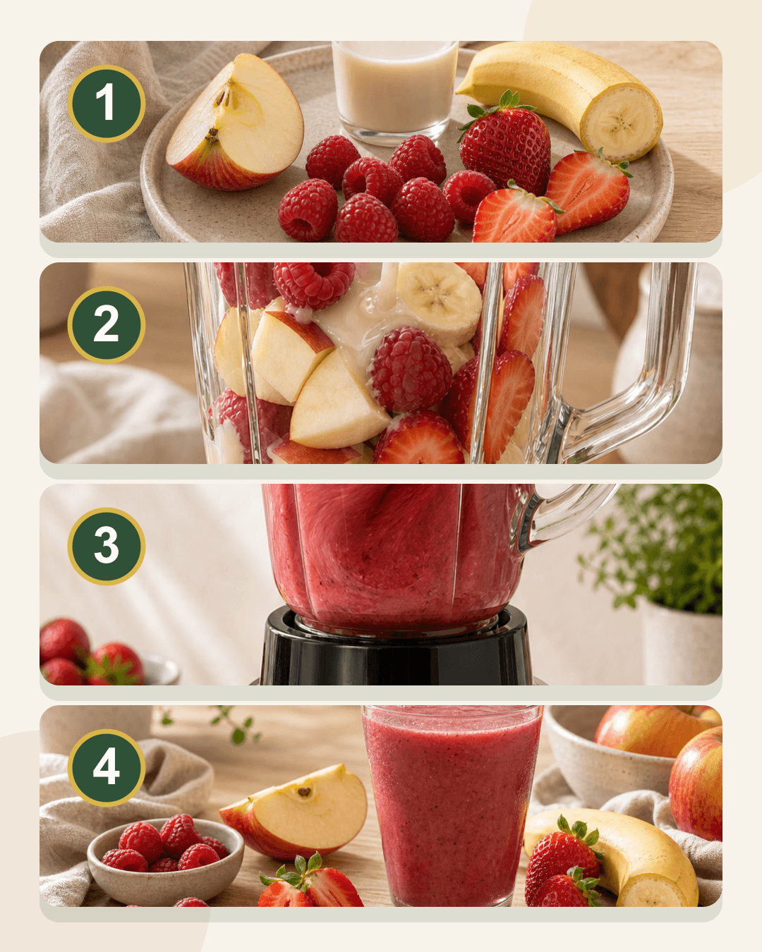 Von der Frucht zum Smoothie: Zubereitung in vier Etappen Schritt-für-Schritt-Bilderreihe zur Smoothie-Zubereitung