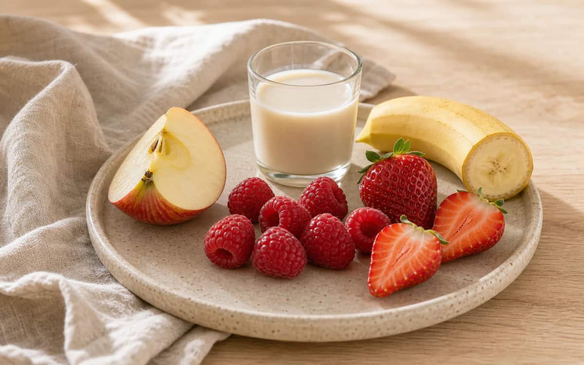Frisches Obst für den Beeren Smoothie nebeneinander arrangiert Zutaten-Tableau mit Apfel, Banane und Beeren