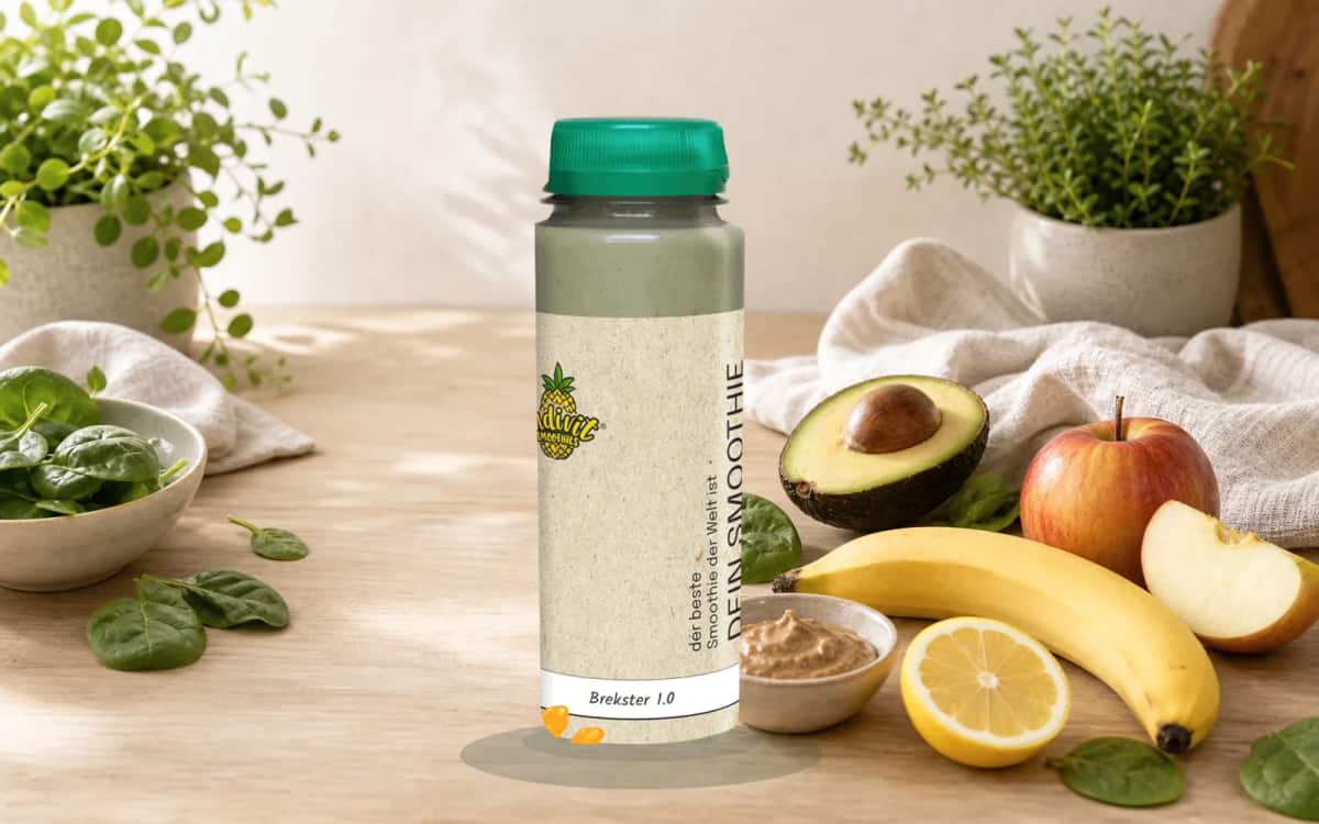 Indivit Smoothie – fertig gemischt und nährstoffreich Indivit Smoothieflasche neben frischen Zutaten