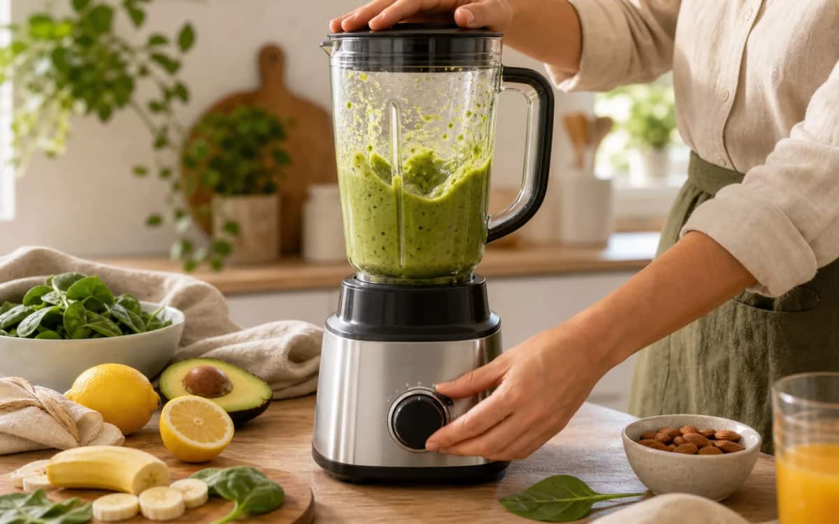 Zubereitung im Mixer – cremig durch 30.000 U/min Hände beim Mixvorgang eines grünen Smoothies im Hochleistungsmixer
