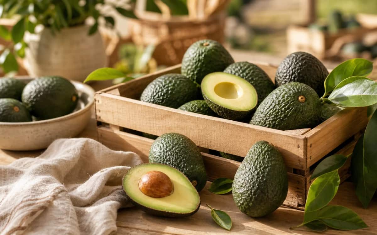 Nachhaltige Bio-Avocados aus Spanien Bio-Avocados in einer Holzkiste