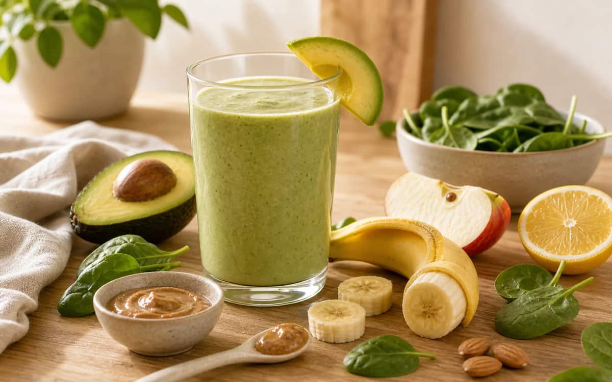 Grüner Avocado Smoothie – proteinreiches Frühstück im Glas Cremiger grüner Smoothie im Glas mit Avocado-Deko
