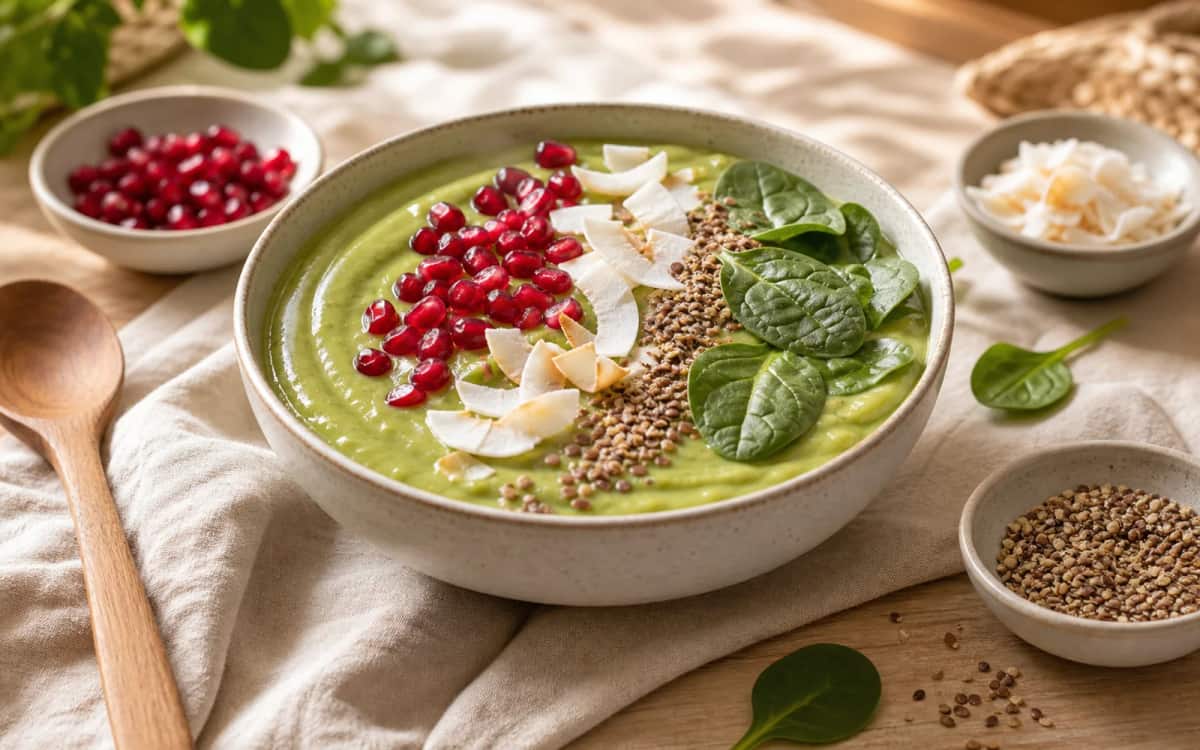 Smoothie Bowl Variante – gesund und schön dekoriert Smoothie Bowl mit dekorativen Toppings wie Granatapfel und Kokos
