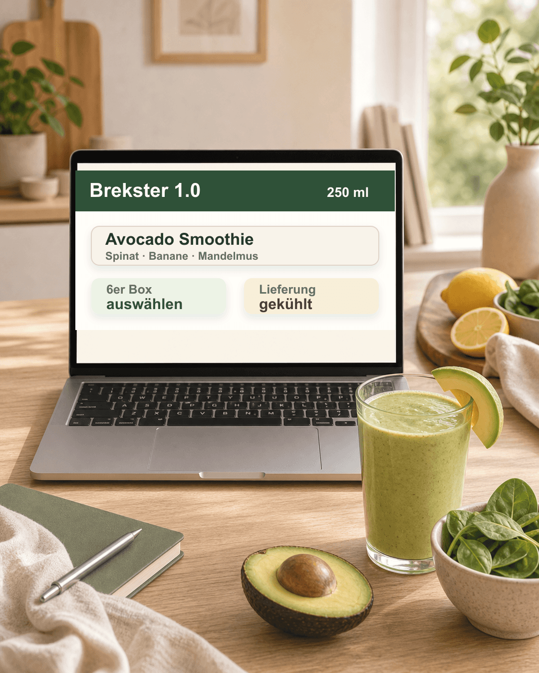 Avocado Smoothie online bestellen – direkt geliefert Smoothie-Glas vor Laptop mit Bestellansicht