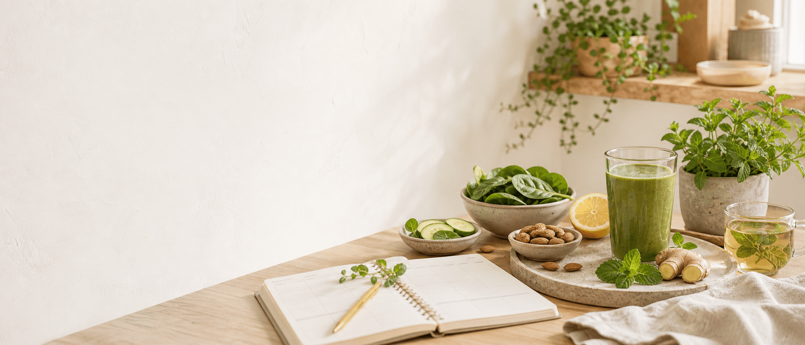 Ruhige Fastenkur-Planung mit grünem Smoothie, Tee und frischen Bio-Zutaten