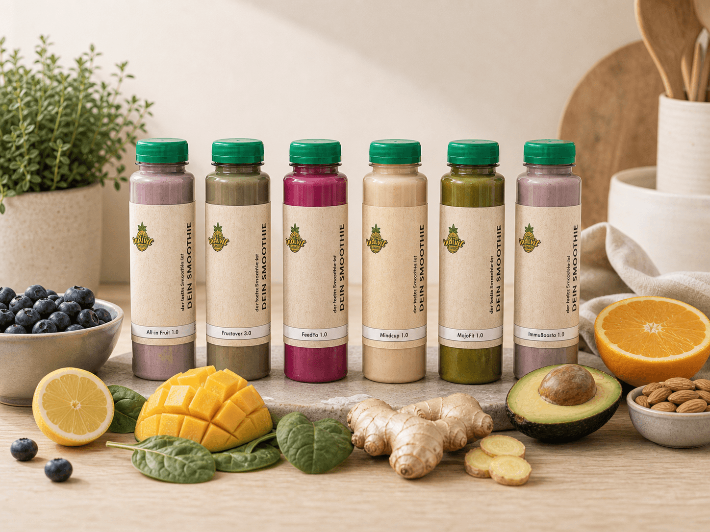 Ruhige Fastenkur-Planung mit grünem Smoothie, Tee und frischen Bio-Zutaten