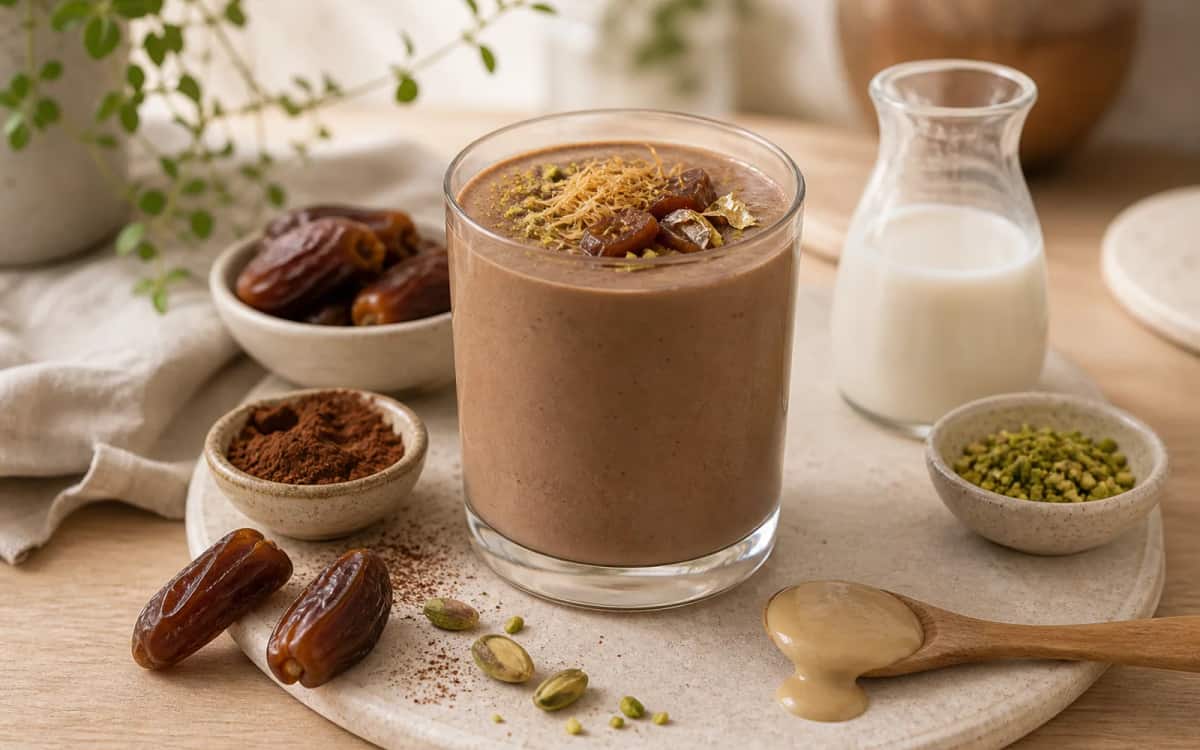 Dubai Chocolate Smoothie mit natürlichen Zutaten Cremiger Chocolate Smoothie mit Goldakzent und Dattel-Dekor