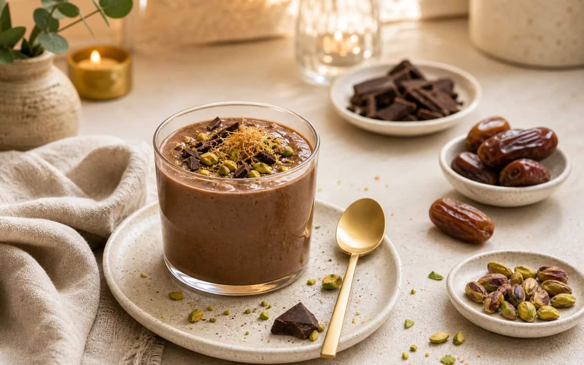 Dubai Chocolate Smoothie – Dein Luxusmoment im Alltag Genussszene mit Schoko Smoothie und goldenen Akzenten