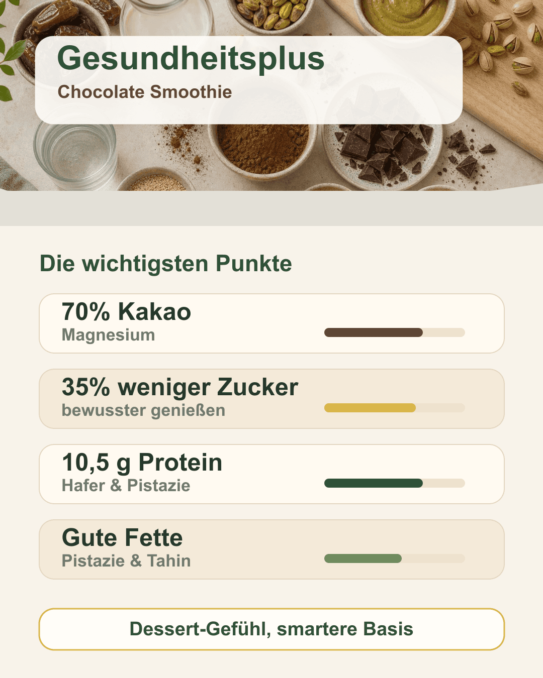 Gesundheitsvorteile des Chocolate Smoothies in einer Grafik Infografik zu Nährstoffen und Gesundheitsvorteilen des Schoko Smoothies