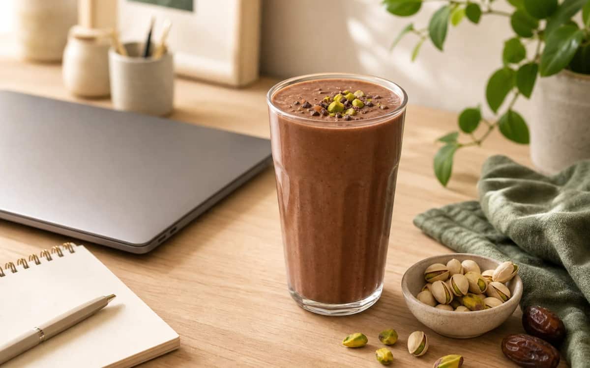 Der perfekte Büro-Snack: Smoothie mit Dubai-Flair Chocolate Smoothie als Office-Snack neben Laptop