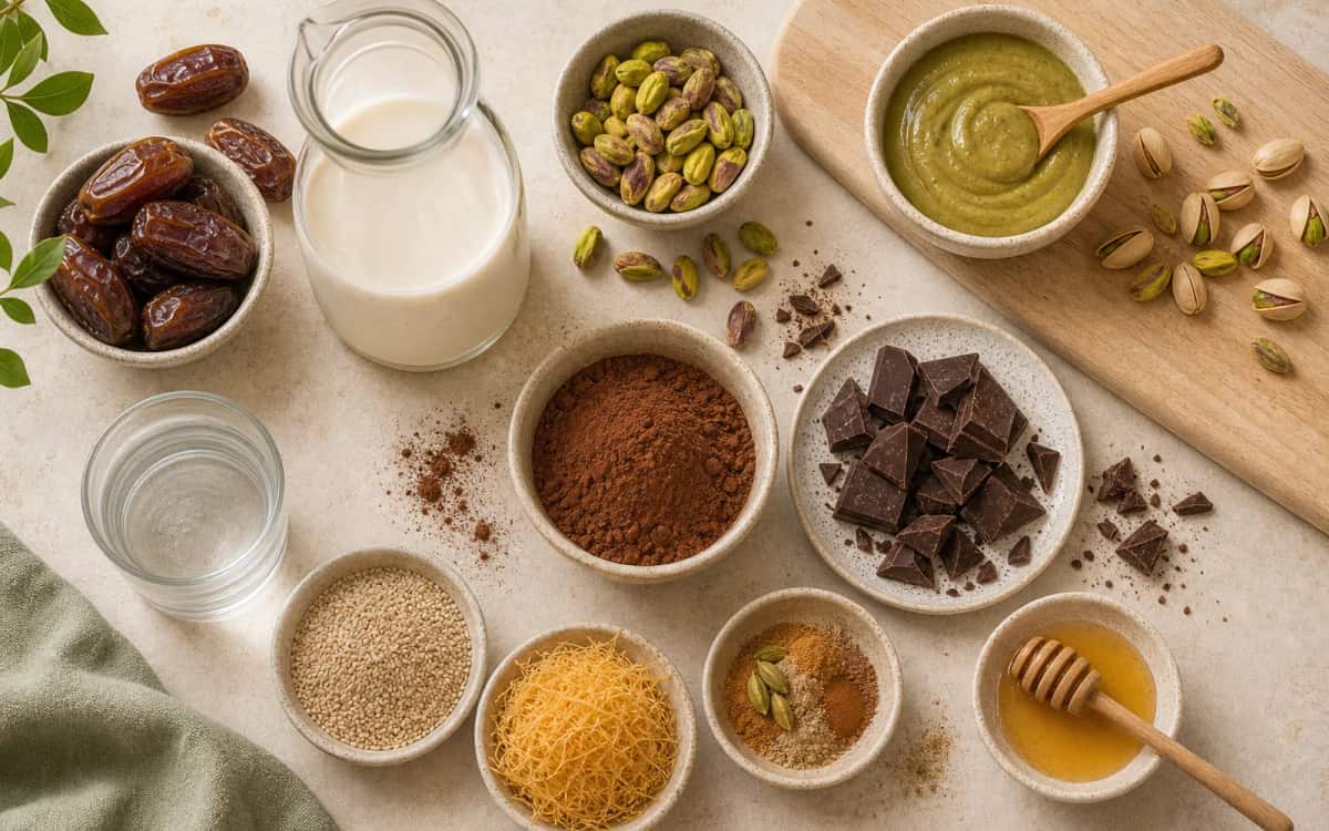 Zutaten für den Dubai Style Smoothie – Natürlich und edel Flatlay mit Edelkakao, Haferdrink, Pistazien und Gewürzen