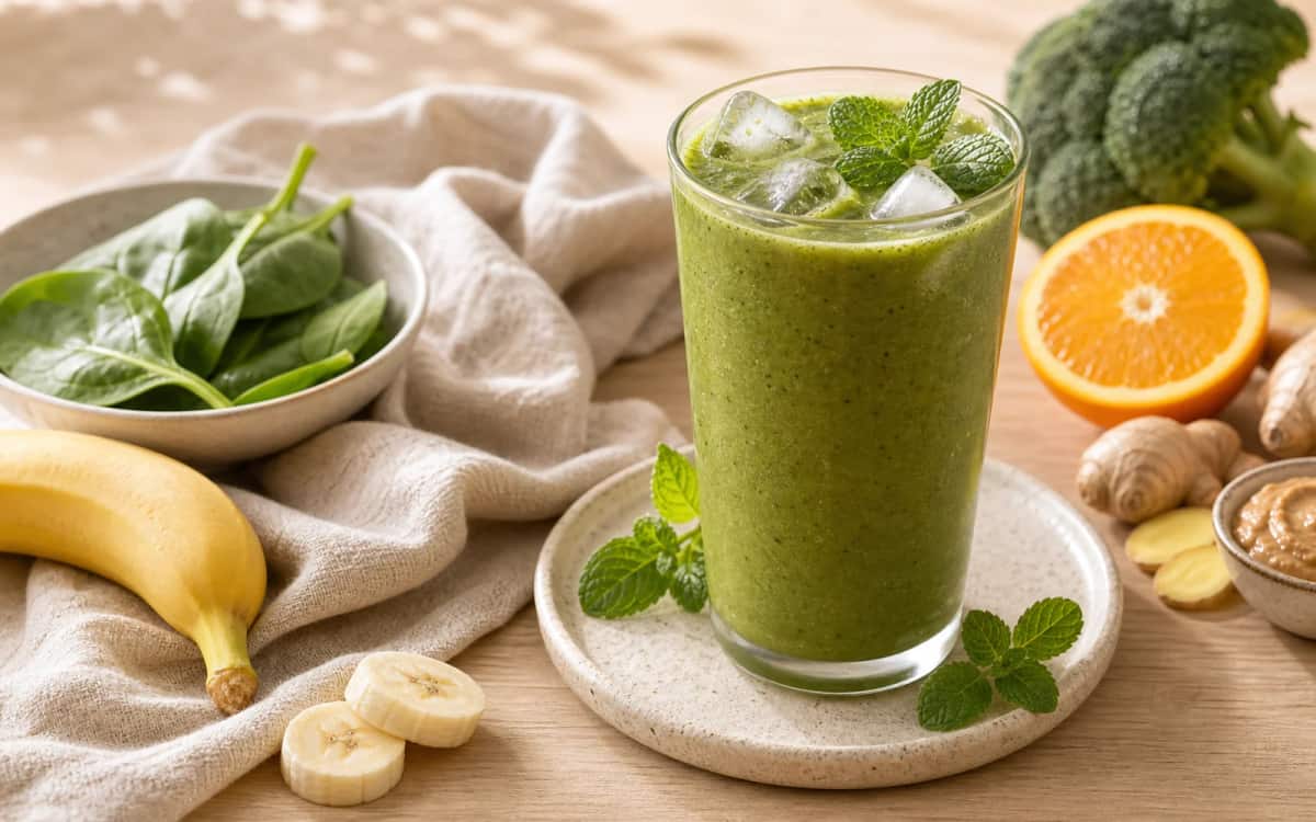 So sieht dein High Protein Smoothie servierfertig aus Fertiger grüner Protein-Smoothie im Glas mit Minze und Eiswürfeln