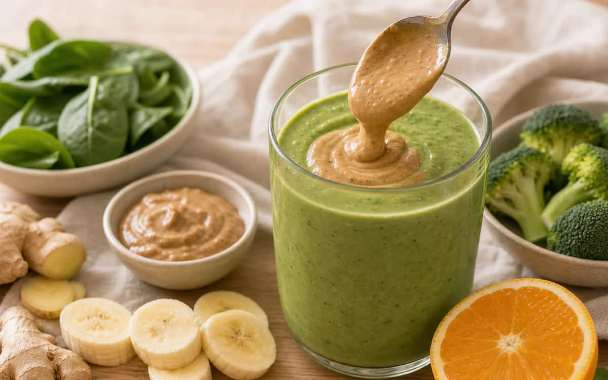 Extra Proteinkick durch Mandelmus – samtige Note inklusive Mandelmus wird in grünen Smoothie eingerührt