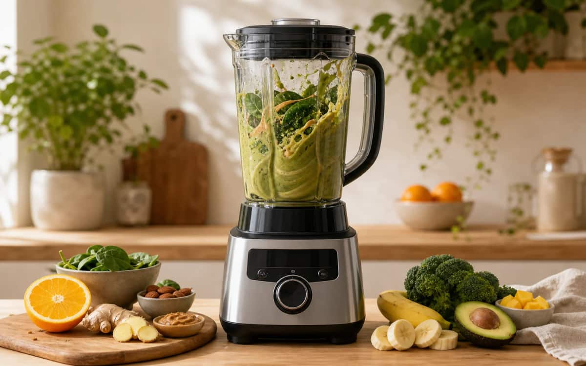 Cremige Konsistenz durch Hochleistungsmixer Hochleistungsmixer verarbeitet grüne Smoothie-Zutaten