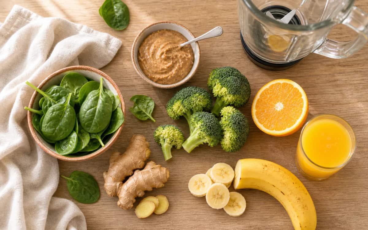 Alle Zutaten für deinen regenerativen Power-Drink im Überblick Bio-Zutaten für Eiweiß-Smoothie auf rustikalem Holztisch