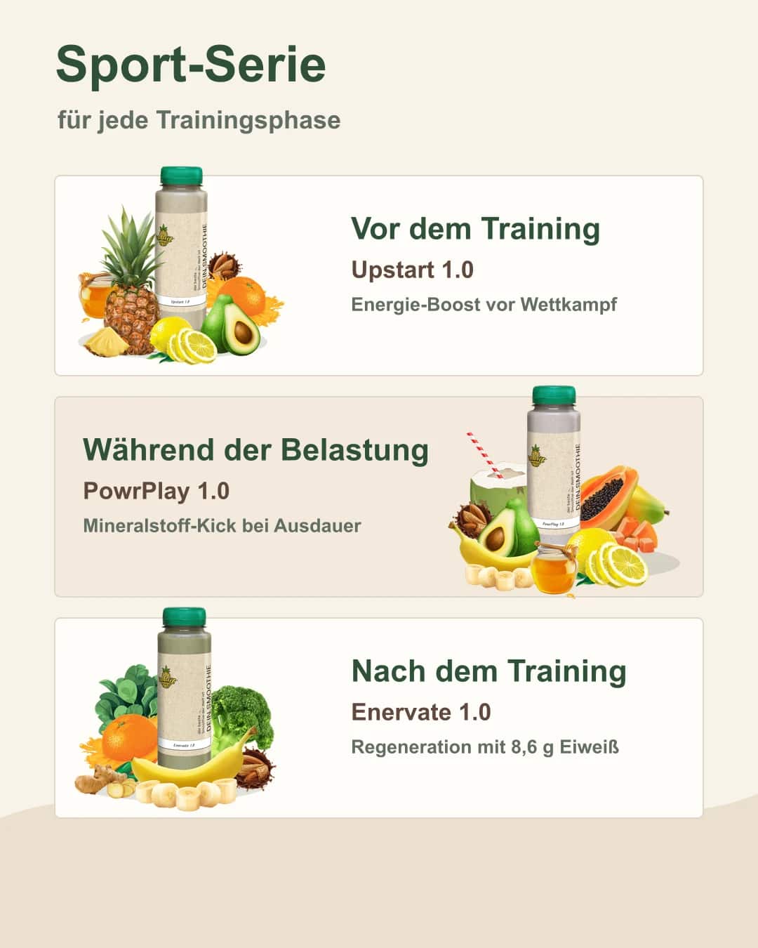 Ideal kombiniert: Smoothie-Trio für jede Trainingsphase Drei Sport-Smoothies: Upstart, PowrPlay und Enervate nebeneinander