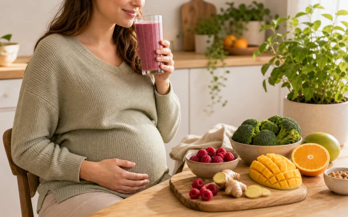 Gesunde Schwangerschafts-Ernährung Schwangere Frau trinkt Brokkoli-Smoothie