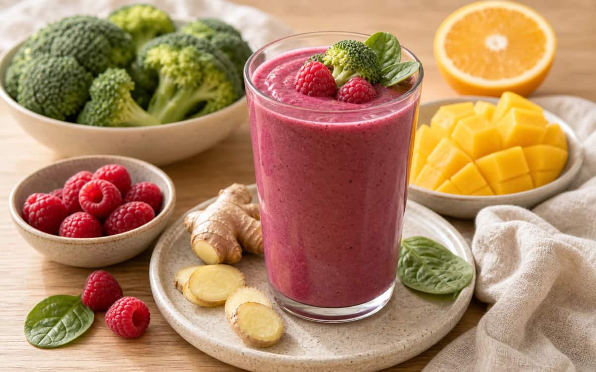 Vibrantes Smoothie-Foto Brokkoli-Smoothie in Glas mit frischen Zutaten im Hintergrund